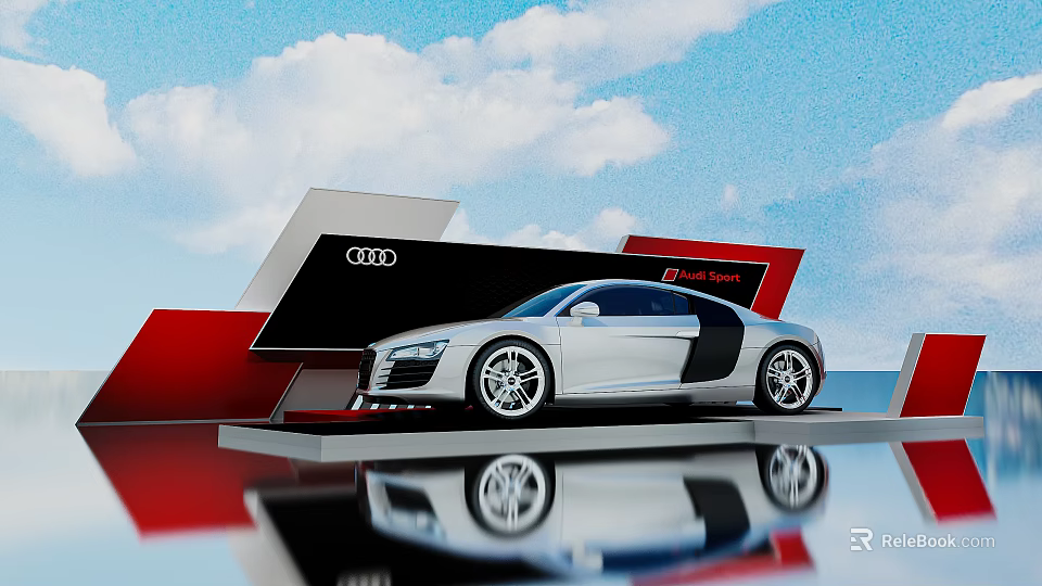Silver Audi R8 Spyder on Display Platform with Red Black Design and Blue Sky Clouds 3d model 