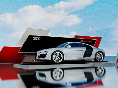 Silver Audi R8 Spyder on Display Platform with Red Black Design and Blue Sky Clouds 3d model