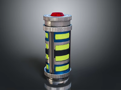 Mechanical Device Structure with Red Top Yellow Black Stripes and Blue Elements Metallic Cylindrical Design 3d model