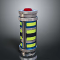 Mechanical Device Structure with Red Top Yellow Black Stripes and Blue Elements Metallic Cylindrical Design