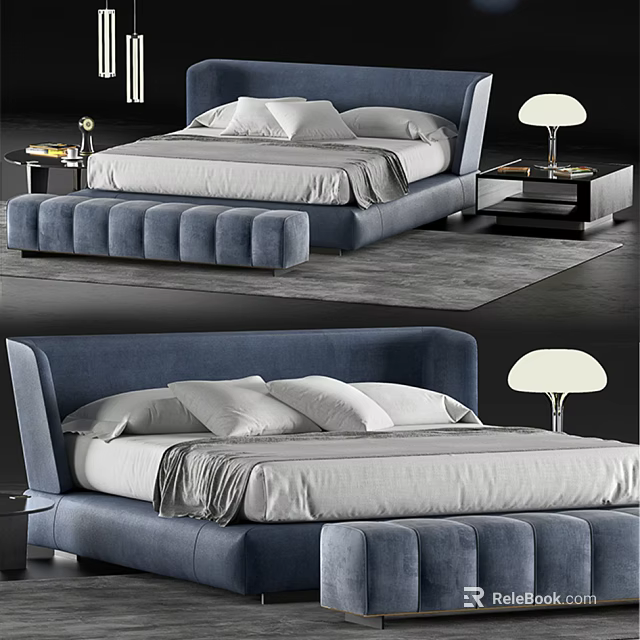 Modern Blue Double Bed With Upholstered Headboard Nightstands Lamp And Rug 3d model 
