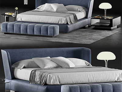 Modern Blue Double Bed With Upholstered Headboard Nightstands Lamp And Rug 3d model