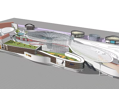 Modern Commercial Complex Architectural Design With Glass Dome Circular Structures And Green Landscaping 3d model