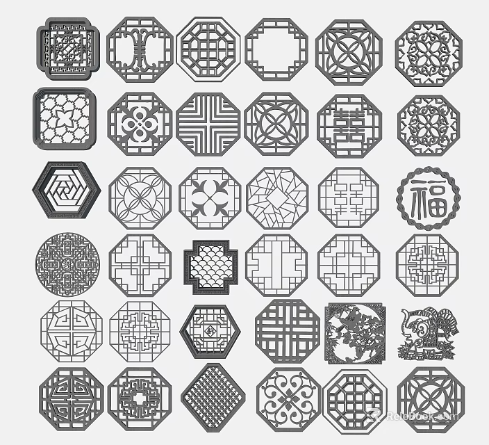 Classic Traditional Lattice Windows Design Featuring Various Shapes And Decorative Patterns 3d model 