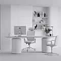 Modern Desk And Chair Set With Wooden Tabletop Cylindrical Legs Gray Office Chair And Bookshelves