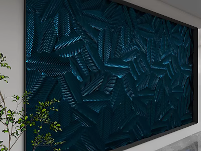 Deep Blue Textured Background Wall With 3D Leaf Pattern And Black Frame Design 3d model