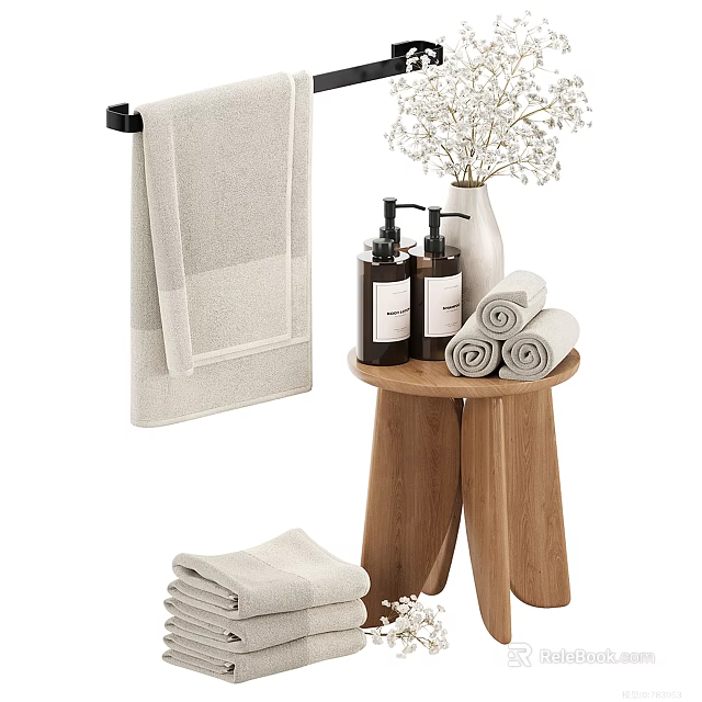 Cozy Towels And Hand Soaps Arranged On Wooden Stool 3d model 