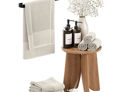 Cozy Towels And Hand Soaps Arranged On Wooden Stool 3d model