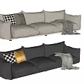 Modern Black And Beige Three Seater Sofa With Checkerboard Yellow Gray Pillows And Blanket