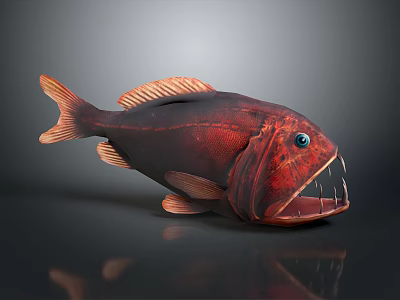 Realistic 3D Render of Red Aquatic Fish with Sharp Teeth Blue Eyes and Orange Fins 3d model