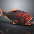 Realistic 3D Render of Red Aquatic Fish with Sharp Teeth Blue Eyes and Orange Fins