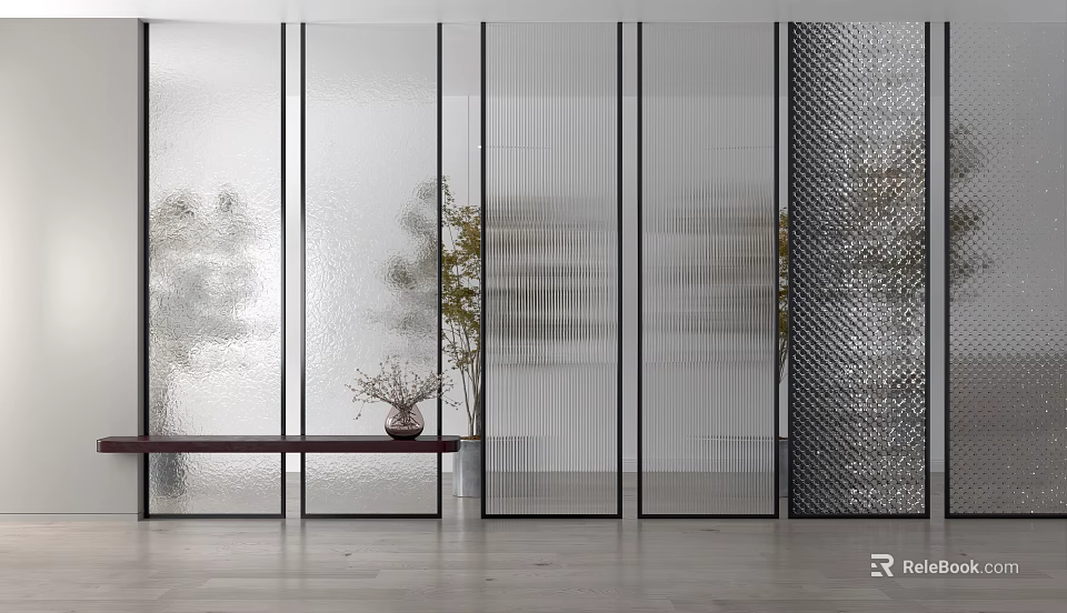 Modern Glass Partition With Frosted Ribbed And Perforated Panels Indoor Plants And Wooden Bench 3d model 