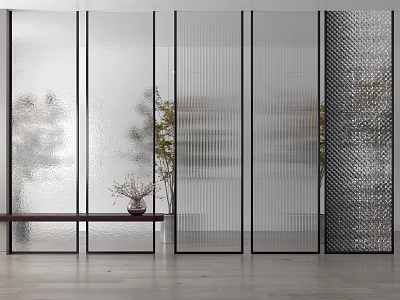 Modern Glass Partition With Frosted Ribbed And Perforated Panels Indoor Plants And Wooden Bench 3d model