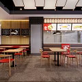 Modern Restaurant Interior with Black Pendant Lights Red Seats Wooden Tables and Ceiling Design