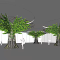 Exhibition Hall Sculptural Columns With Tree Shaped Design And Green Foliage In Visitor Space