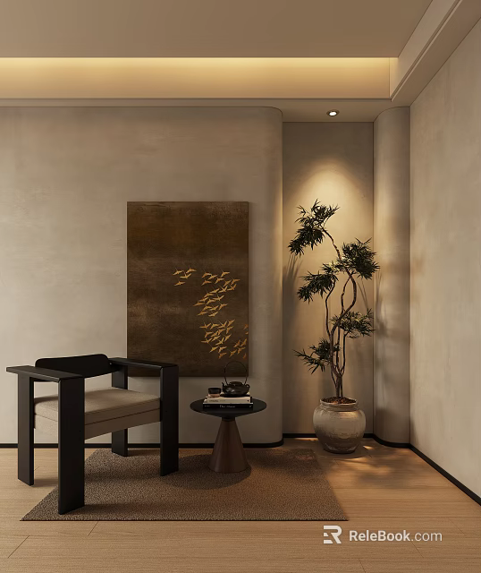 Leisure Chair In Modern Indoor Interior With Side Table Wall Art And Potted Plant 3d model 