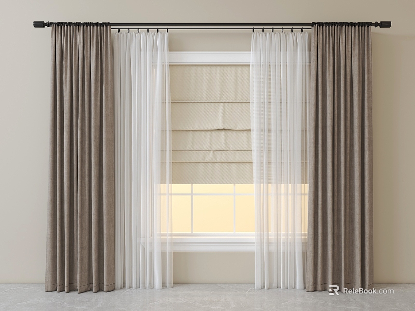 Elegant Modern Curtains With Brown Drapes White Sheer Panels And Roman Shades For Window Decoration 3d model 