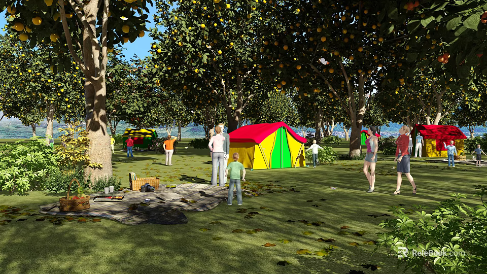 Garden Landscape With Fruit Trees Green Lawn And Colorful Tent For People Activities 3d model 