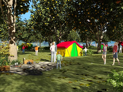 Garden Landscape With Fruit Trees Green Lawn And Colorful Tent For People Activities 3d model