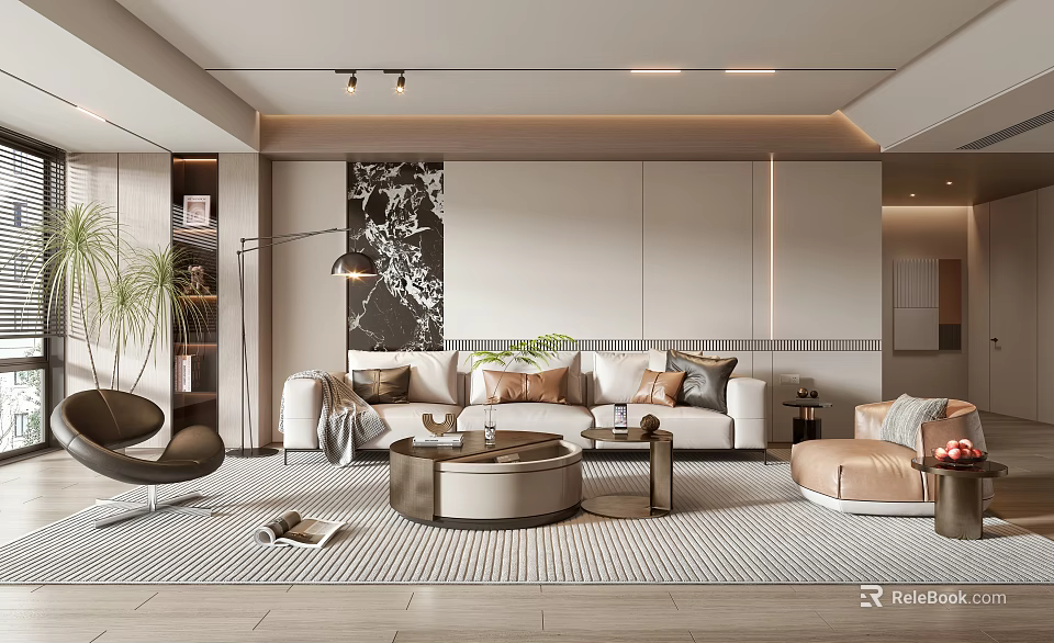 Modern Living Room Interior With Beige Sofa Round Coffee Table Floor Lamp And Decorative Artwork 3d model 