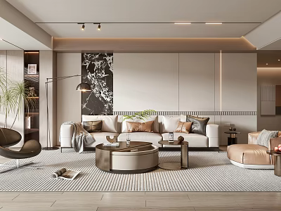 Modern Living Room Interior With Beige Sofa Round Coffee Table Floor Lamp And Decorative Artwork 3d model