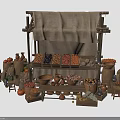 Fresh Fruits And Vegetables At Traditional Wooden Market Stall With Clay Pots