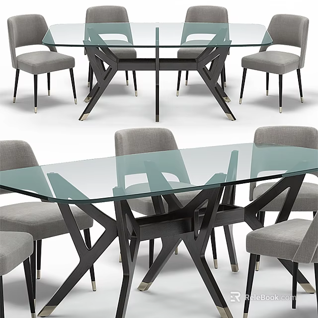 Modern Dining Table and Chairs Set with Glass Top and Gray Upholstered Seats 3d model 