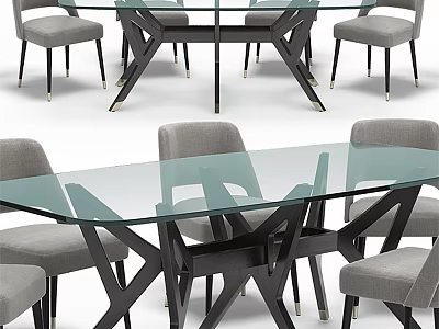 Modern Dining Table and Chairs Set with Glass Top and Gray Upholstered Seats 3d model