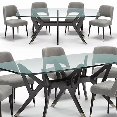 Modern Dining Table and Chairs Set with Glass Top and Gray Upholstered Seats 3d model