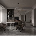 Modern Living and Dining Room Interior With Black Sofa Brown Chair And Black White Rug