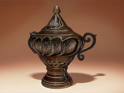 Vintage Bronze Decorative Ornament Combination With Lid Carved Patterns And Curved Handles 3d model