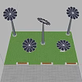 Garden Landscape Design With Solar Flower Structures Trees Shrubs Lawn And Stone Pavement