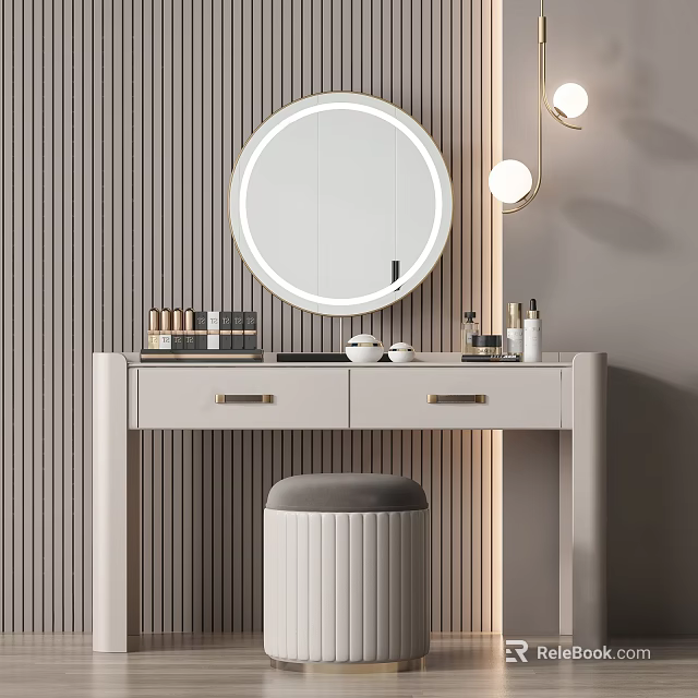 Modern Dressing Table With Round Mirror Wall Lamps Cosmetics And Gray Stool On Striped Wall 3d model 