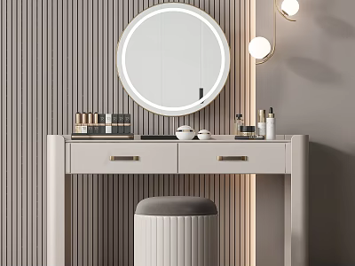 Modern Dressing Table With Round Mirror Wall Lamps Cosmetics And Gray Stool On Striped Wall 3d model