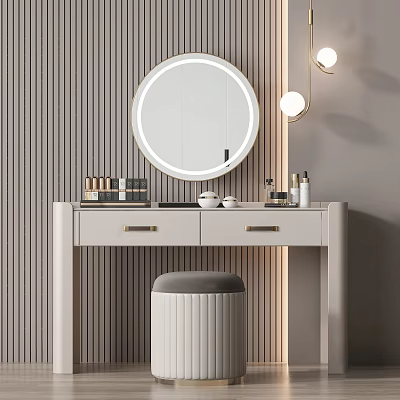 Modern Dressing Table With Round Mirror Wall Lamps Cosmetics And Gray Stool On Striped Wall 3d model