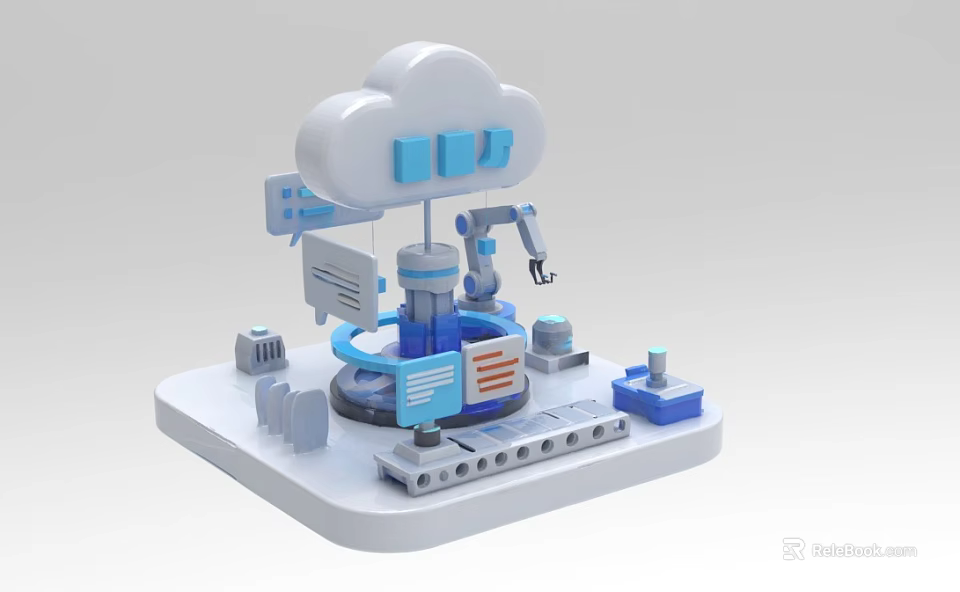 Modern Tech Themed Decorative Ornament Set With Cloud Robot Arm And 3D Elements 3d model 