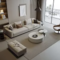 Modern Beige Sofa Coffee Table Set With Throw Pillows Ottoman And Bright Windows 3d model