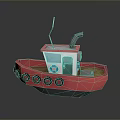 Red Toy Boat with Black Buoys White Cabin Green Door Gray Chimney Antenna on Deck