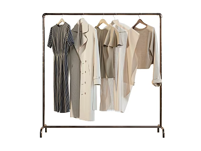 Trendy Clothes On Metal Rack Featuring Striped Dress Coat And Neutral Shirts 3d model
