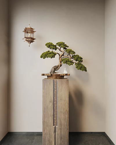 Artistic Pine Bonsai Tree on Carved Wooden Pedestal with Hanging Lantern Against Light Wall 3d model
