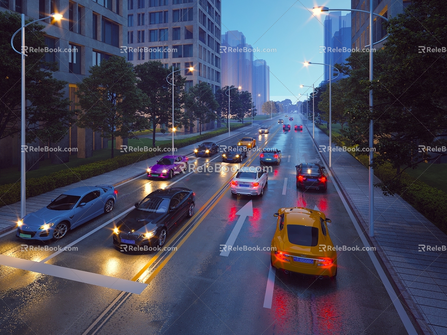 Night view city road road facilities night view car domestic car new energy car street light street tree plant shrub city building city night view view light 3d model