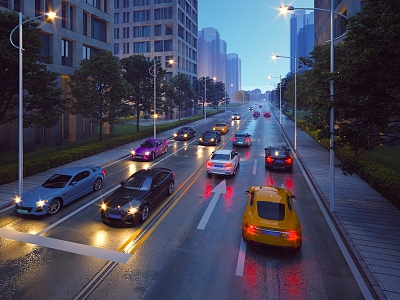 Night view city road facilities night view car domestic car new energy car street light street tree plant shrub city building city night view light 3d model