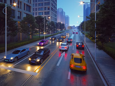 Municipal Road With Cars Driving Street Lights And Buildings At Dusk On Wet Pavement 3d model