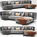 Modern Blue Sectional Sofa With Gray Plaid And Patterned Pillows And Throw Blankets 3d model