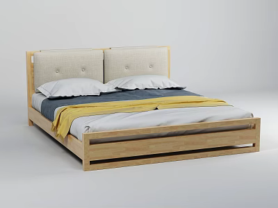 Double Bed With Wooden Frame Upholstered Headboard White Pillows Yellow Blanket Gray Bedding 3d model