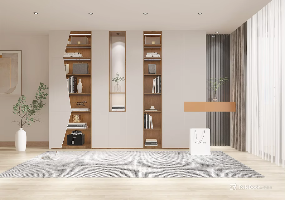 Modern Wardrobe Interior Design With Open Shelves White Frames And Decorative Plants 3d model