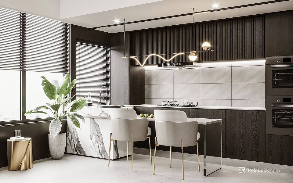 Modern Kitchen Interior With Dark Wood Cabinets Marble Island Pendant Lights And Indoor Plant 3d model 