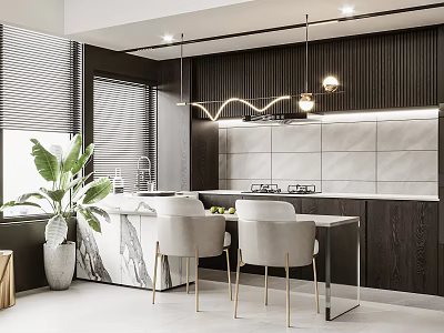Modern Kitchen Interior With Dark Wood Cabinets Marble Island Pendant Lights And Indoor Plant 3d model