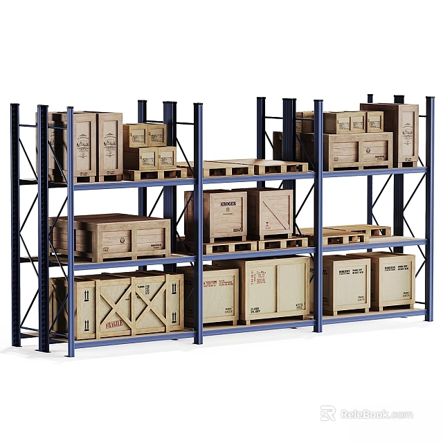Blue Metal Storage Shelving Units With Multiple Layers And Wooden Boxes 3d model 
