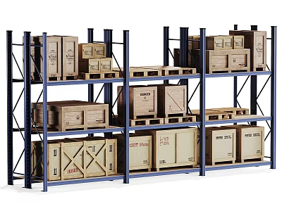 Blue Metal Storage Shelving Units With Multiple Layers And Wooden Boxes 3d model